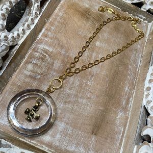 Necklace Glass Circle Pendant w/Floating Renaissance Cross Elegant/Rustic Gold